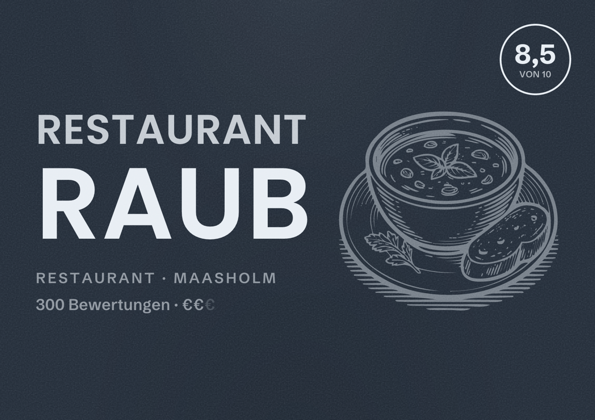 Illustriertes Poster von Restaurant Raub, Restaurant in Maasholm: Bewertung 8,5 von 10 aus 300 Bewertungen, Preisniveau €€