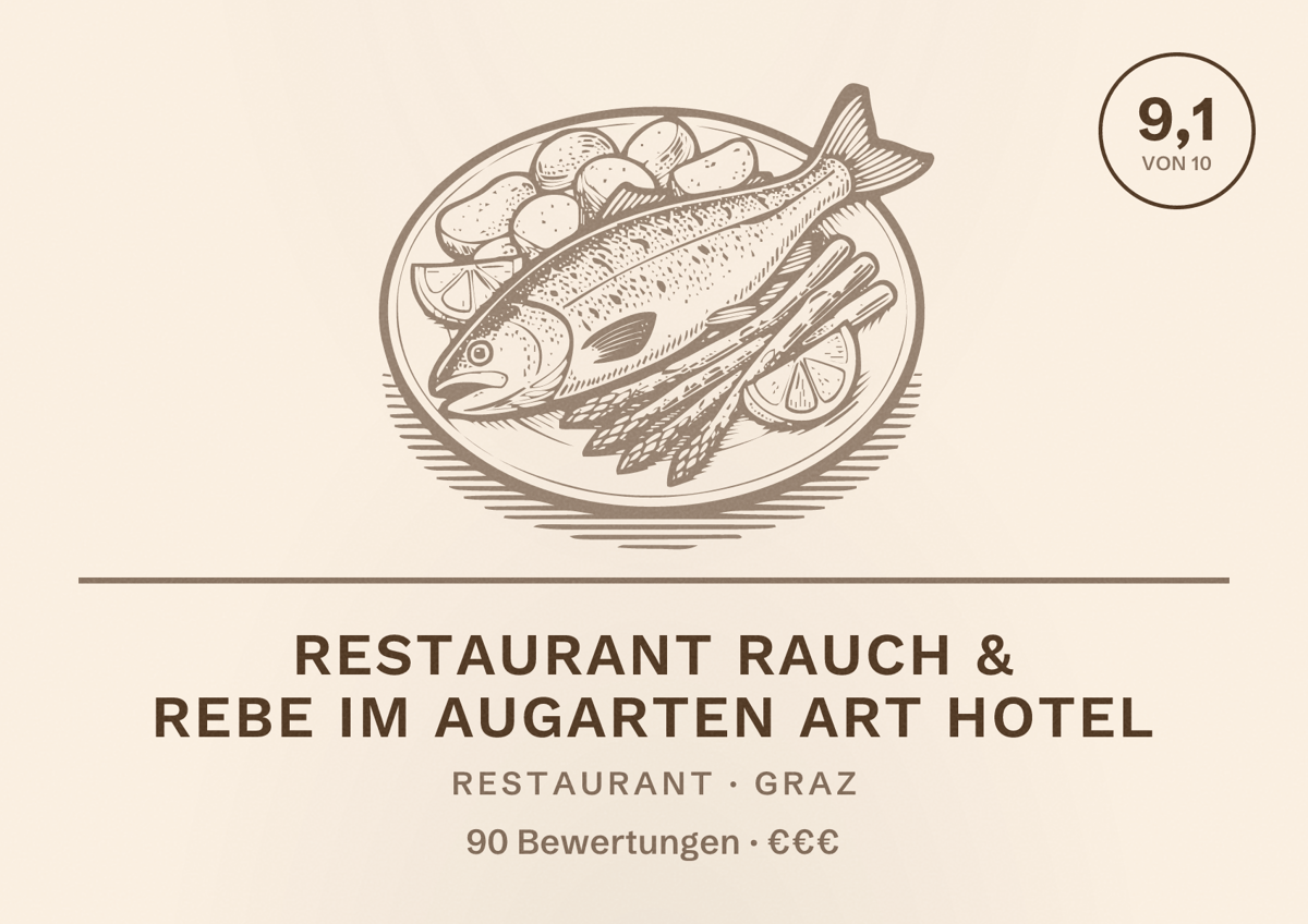 Illustriertes Poster von Restaurant Rauch & Rebe im Augarten Art Hotel, Restaurant in Graz: Bewertung 9,1 von 10 aus 90 Bewertungen, Preisniveau €€€