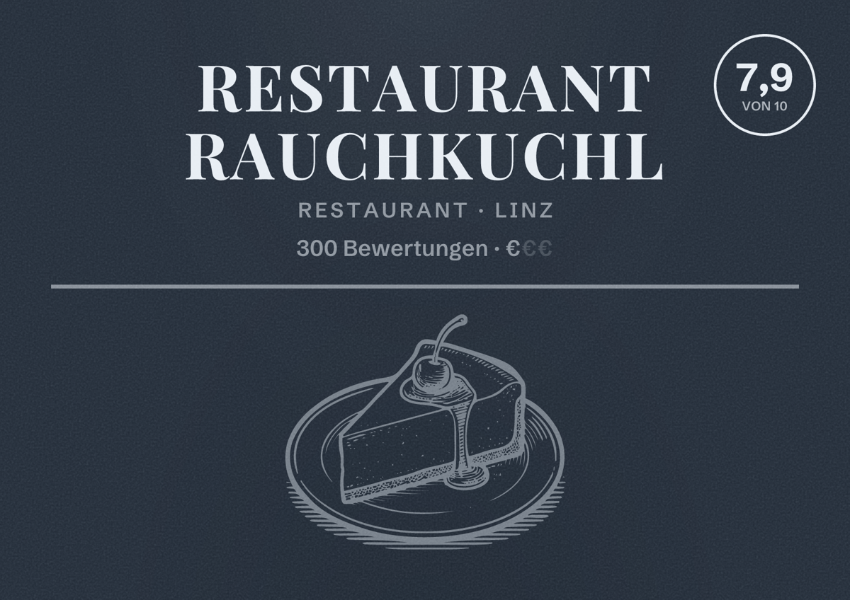 Illustriertes Poster von Restaurant Rauchkuchl, Restaurant in Linz: Bewertung 7,9 von 10 aus 300 Bewertungen, Preisniveau €
