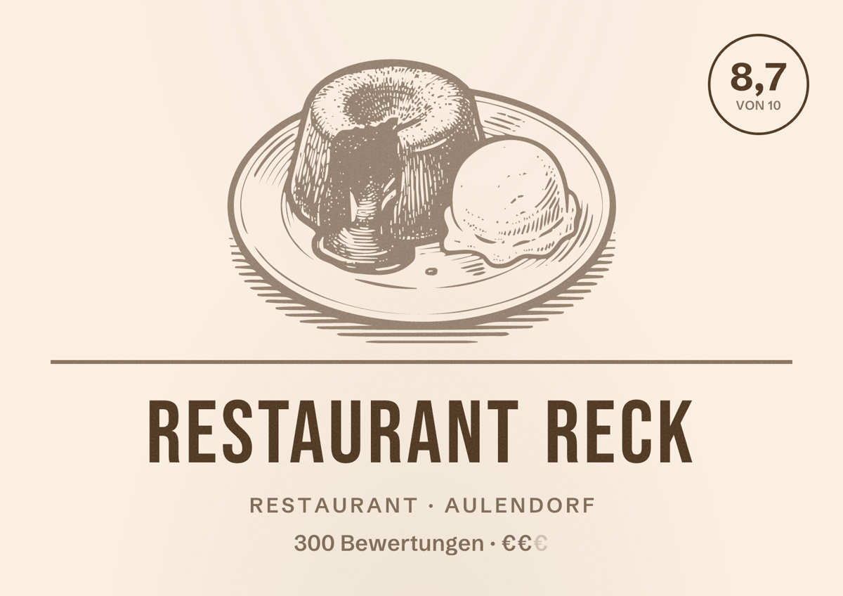Illustriertes Poster von Restaurant Reck, Restaurant in Aulendorf: Bewertung 8,7 von 10 aus 300 Bewertungen, Preisniveau €€