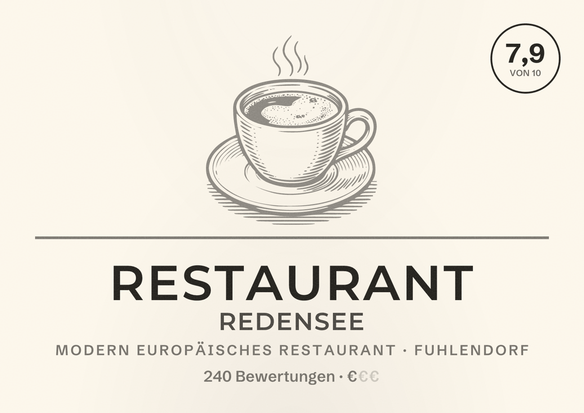 Illustriertes Poster von Restaurant Redensee, Modern europäisches Restaurant in Fuhlendorf: Bewertung 7,9 von 10 aus 240 Bewertungen, Preisniveau €