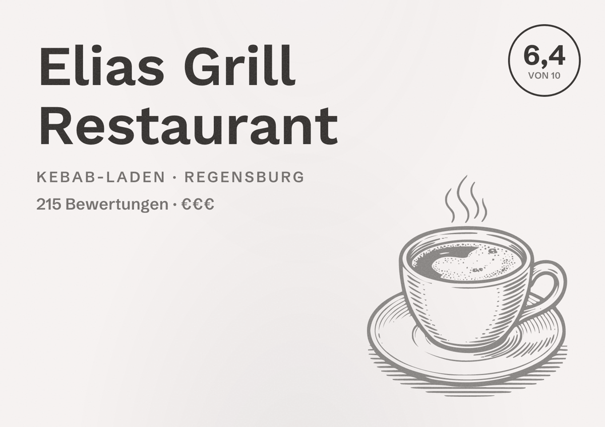 Illustriertes Poster von Elias Grill Restaurant, Kebab-Laden in Regensburg: Bewertung 6,4 von 10 aus 215 Bewertungen, Preisniveau €€€