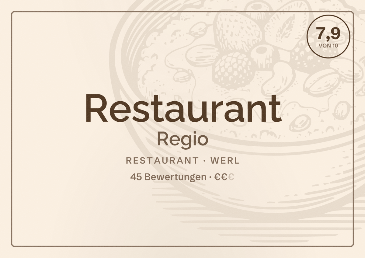 Illustriertes Poster von Restaurant Regio, Restaurant in Werl: Bewertung 7,9 von 10 aus 45 Bewertungen, Preisniveau €€