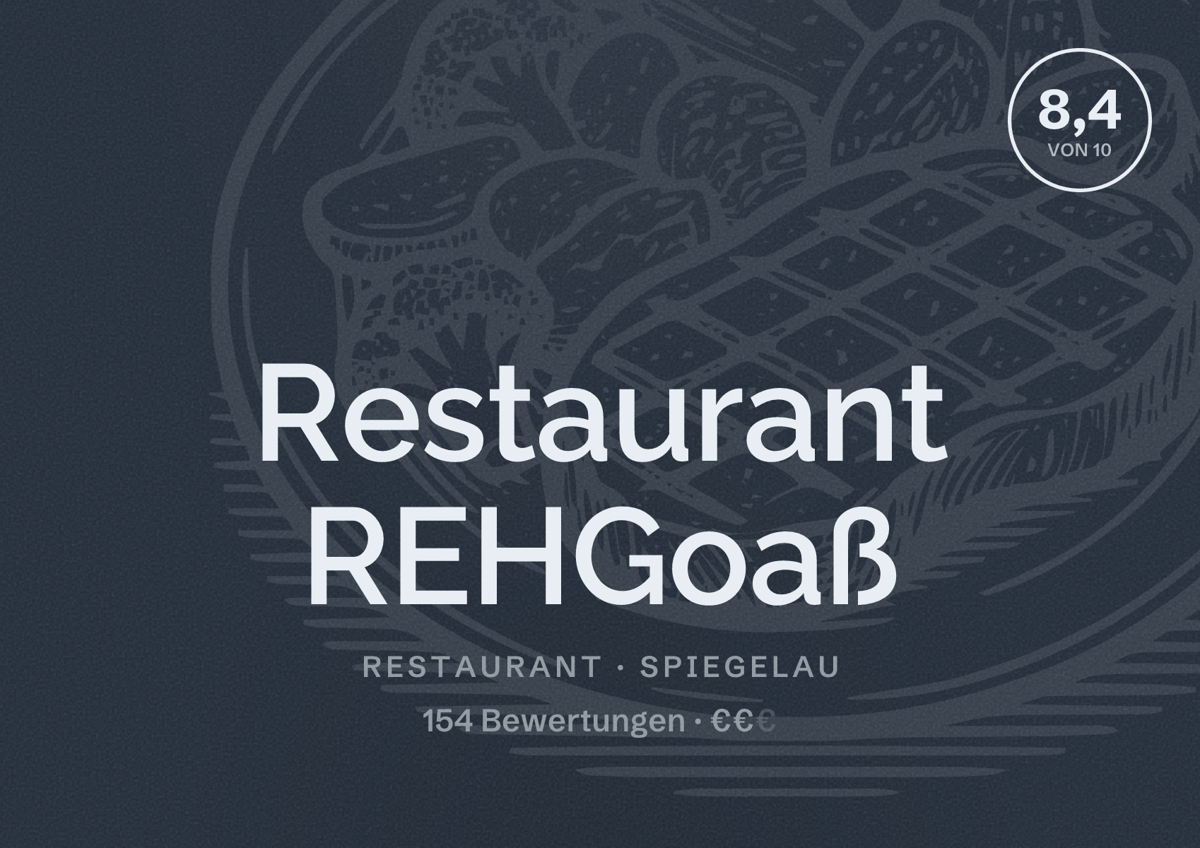 Illustriertes Poster von Restaurant REHGoaß, Restaurant in Spiegelau: Bewertung 8,4 von 10 aus 154 Bewertungen, Preisniveau €€
