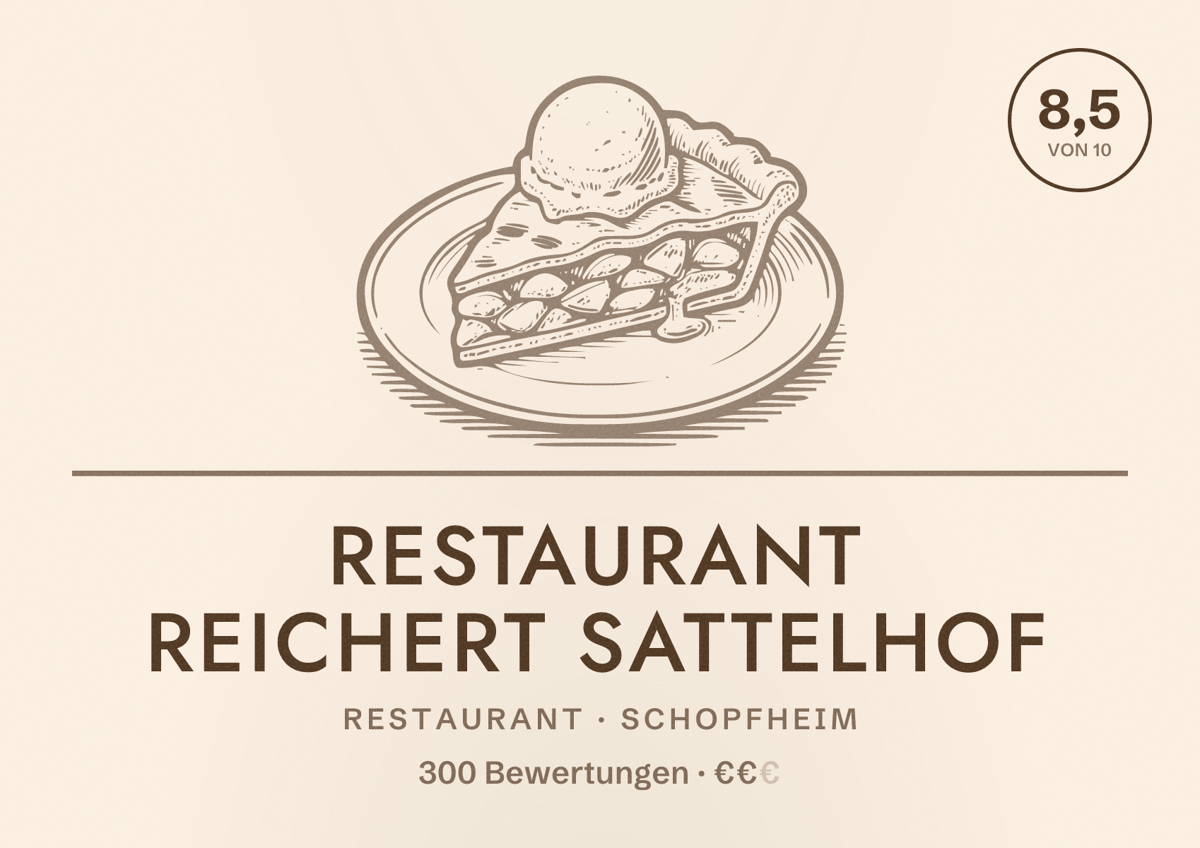 Illustriertes Poster von Restaurant Reichert Sattelhof, Restaurant in Schopfheim: Bewertung 8,5 von 10 aus 300 Bewertungen, Preisniveau €€