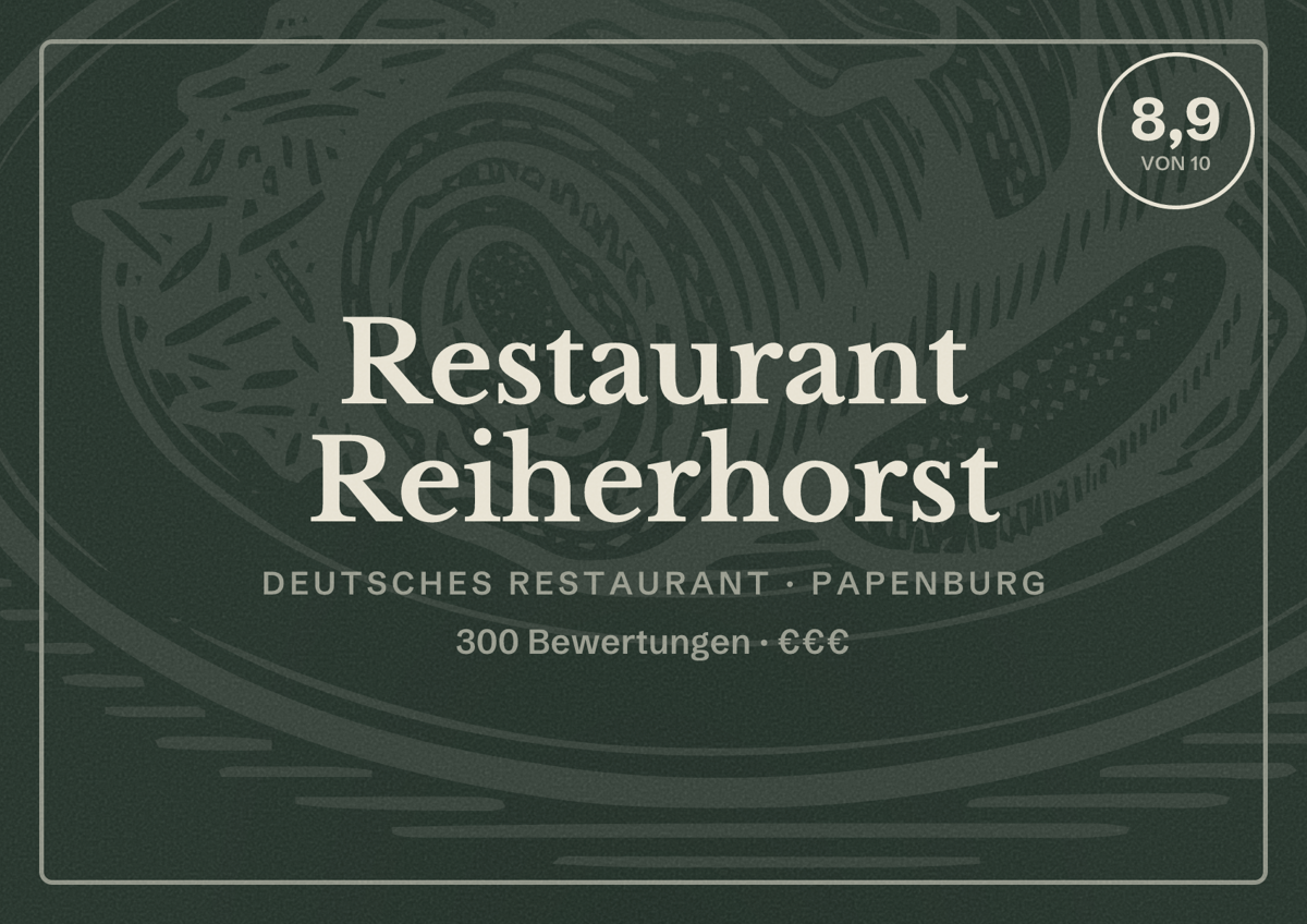 Illustriertes Poster von Restaurant Reiherhorst, Deutsches Restaurant in Papenburg: Bewertung 8,9 von 10 aus 300 Bewertungen, Preisniveau €€€