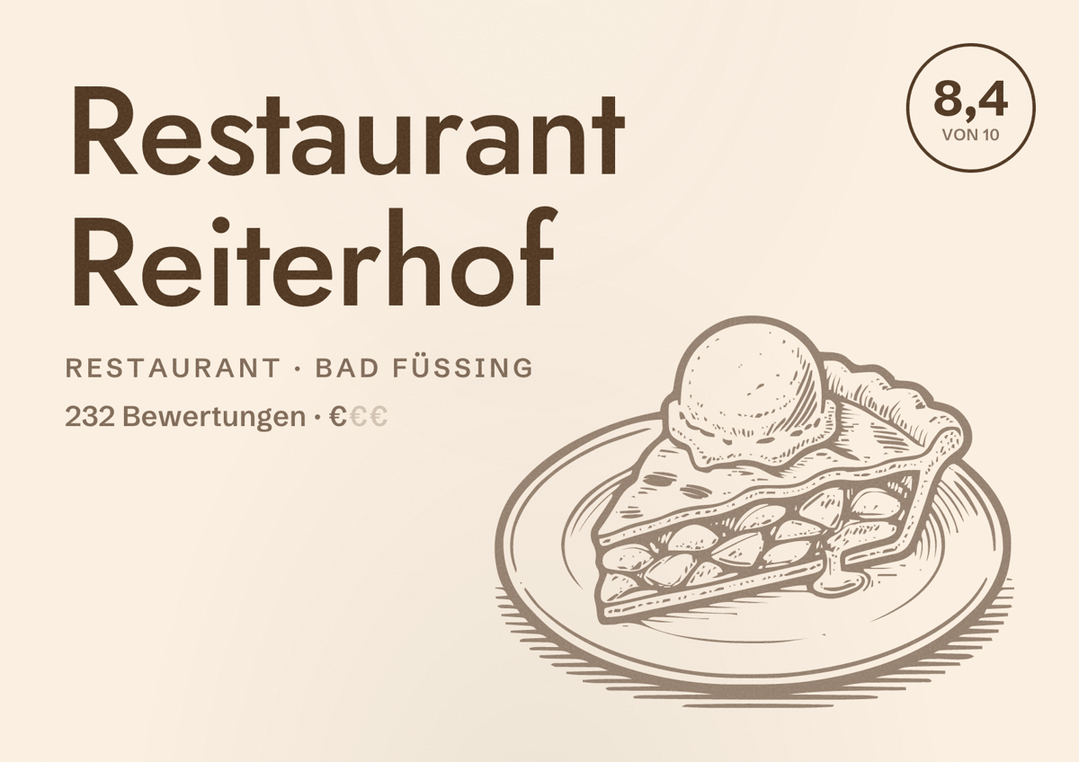 Illustriertes Poster von Restaurant Reiterhof, Restaurant in Bad Füssing: Bewertung 8,4 von 10 aus 232 Bewertungen, Preisniveau €