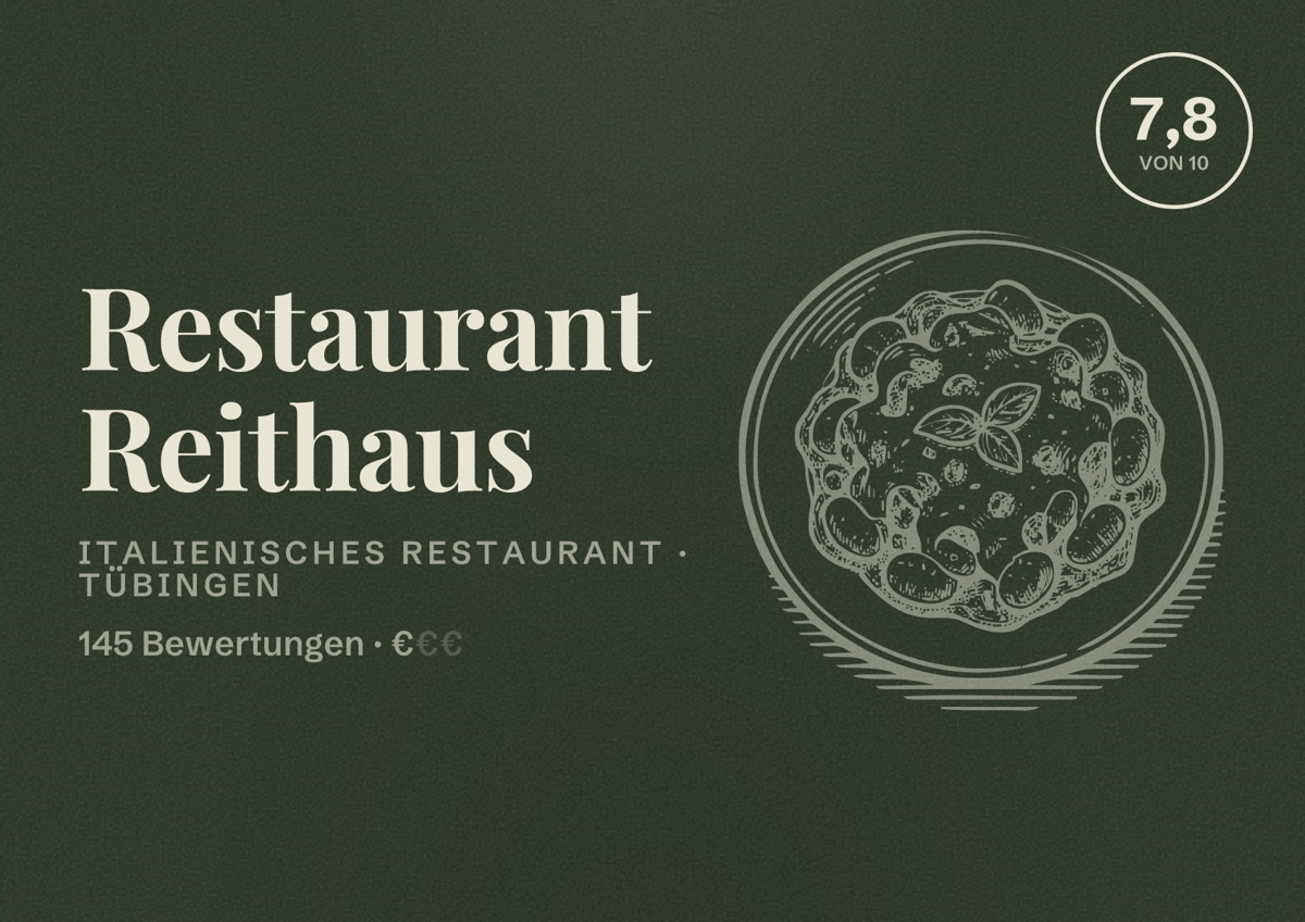 Illustriertes Poster von Restaurant Reithaus, Italienisches Restaurant in Tübingen: Bewertung 7,8 von 10 aus 145 Bewertungen, Preisniveau €