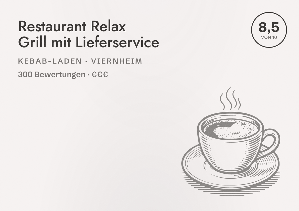 Illustriertes Poster von Restaurant Relax Grill mit Lieferservice, Kebab-Laden in Viernheim: Bewertung 8,5 von 10 aus 300 Bewertungen, Preisniveau €€€