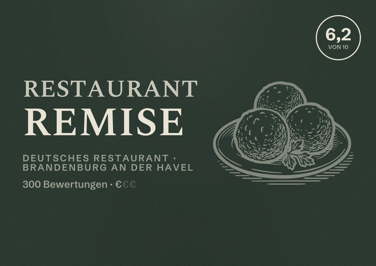 Illustriertes Poster von Restaurant Remise, Deutsches Restaurant in Brandenburg an der Havel: Bewertung 6,2 von 10 aus 300 Bewertungen, Preisniveau €