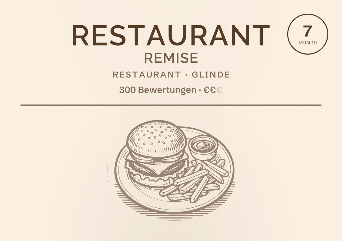 Illustriertes Poster von Restaurant Remise, Restaurant in Glinde: Bewertung 7 von 10 aus 300 Bewertungen, Preisniveau €€