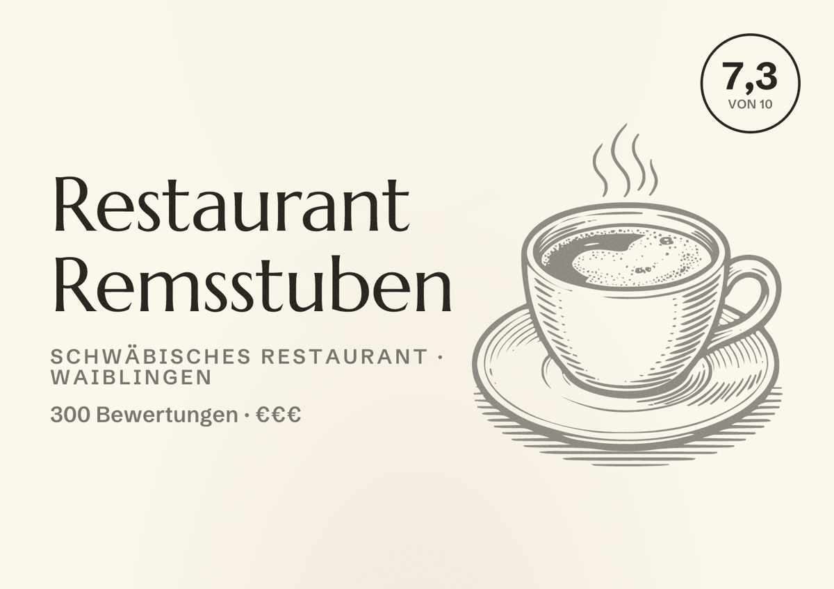 Illustriertes Poster von Restaurant Remsstuben, Schwäbisches Restaurant in Waiblingen: Bewertung 7,3 von 10 aus 300 Bewertungen, Preisniveau €€€