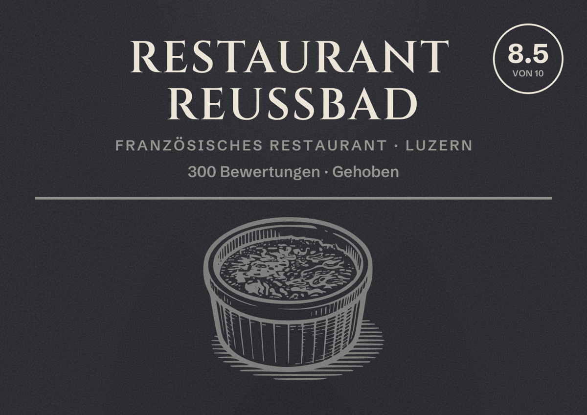 Illustriertes Poster von Restaurant Reussbad, Französisches Restaurant in Luzern: Bewertung 8.5 von 10 aus 300 Bewertungen, Preisniveau Gehoben