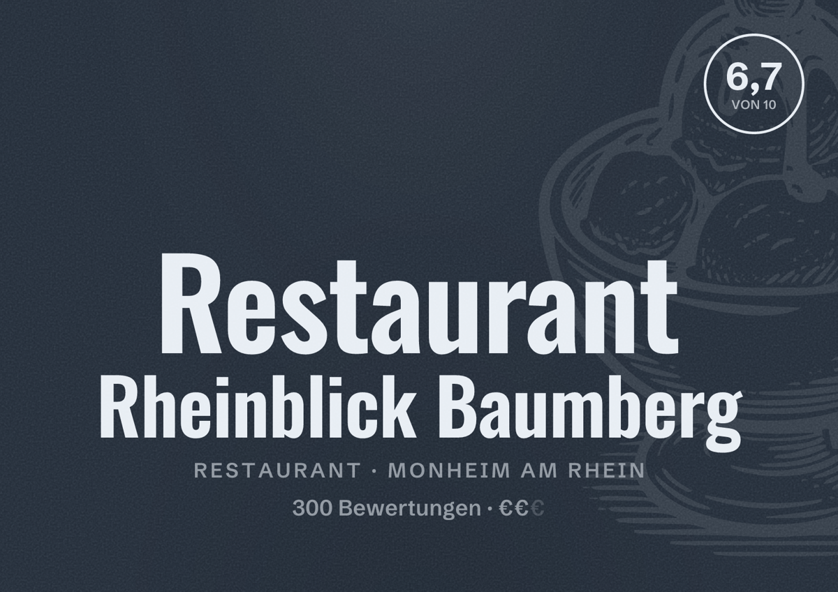 Illustriertes Poster von Restaurant Rheinblick Baumberg, Restaurant in Monheim am Rhein: Bewertung 6,7 von 10 aus 300 Bewertungen, Preisniveau €€