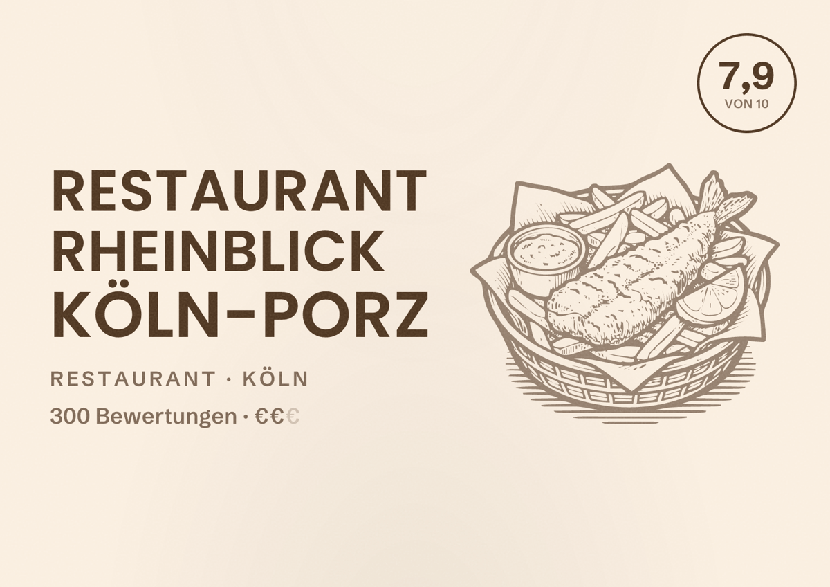 Illustriertes Poster von Restaurant RheinBlick Köln-Porz, Restaurant in Köln: Bewertung 7,9 von 10 aus 300 Bewertungen, Preisniveau €€