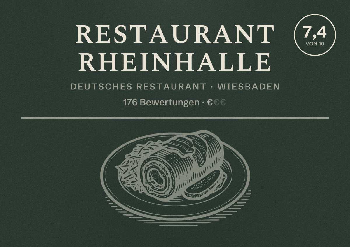 Illustriertes Poster von Restaurant Rheinhalle, Deutsches Restaurant in Wiesbaden: Bewertung 7,4 von 10 aus 176 Bewertungen, Preisniveau €