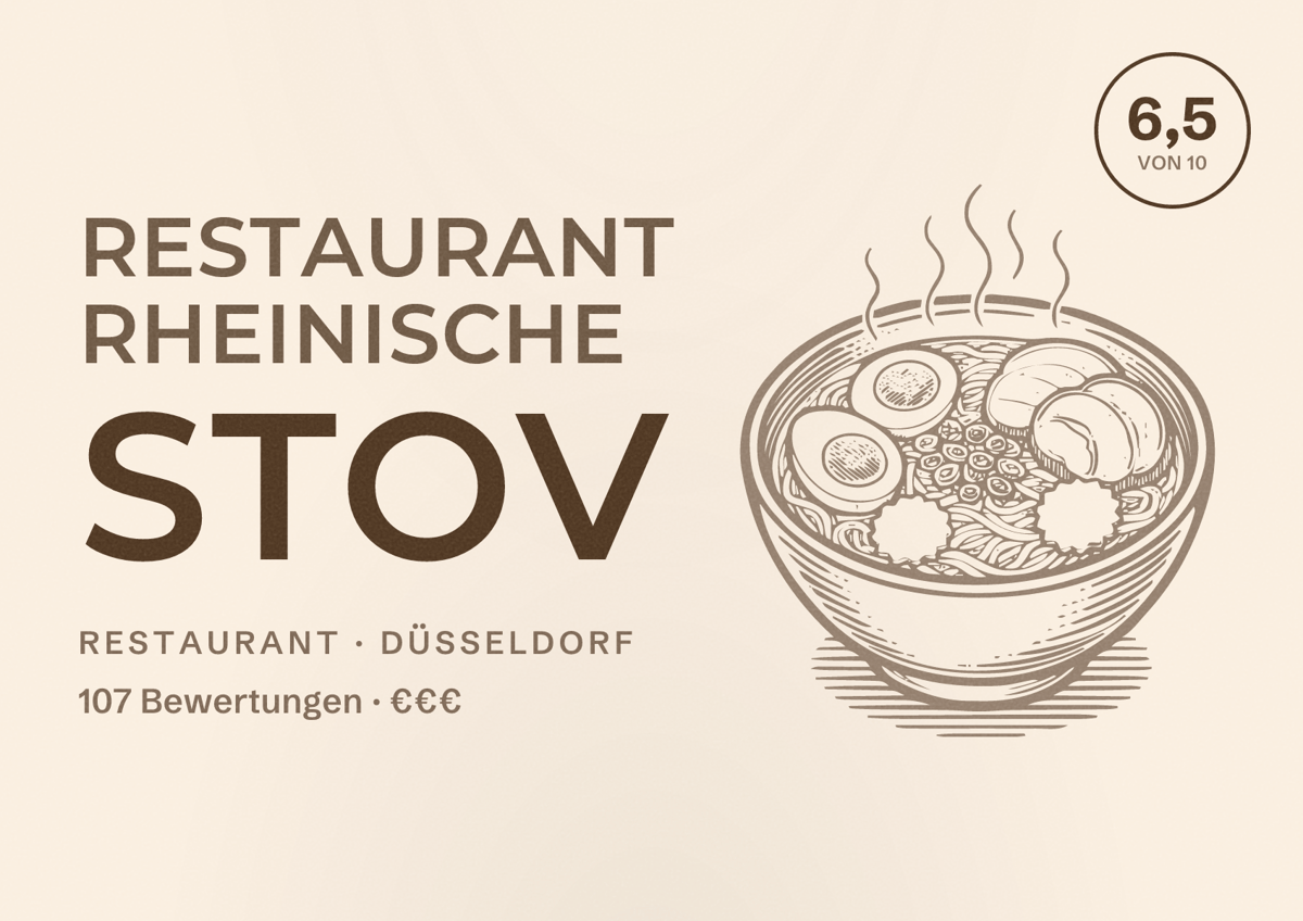 Illustriertes Poster von Restaurant Rheinische Stov, Restaurant in Düsseldorf: Bewertung 6,5 von 10 aus 107 Bewertungen, Preisniveau €€€