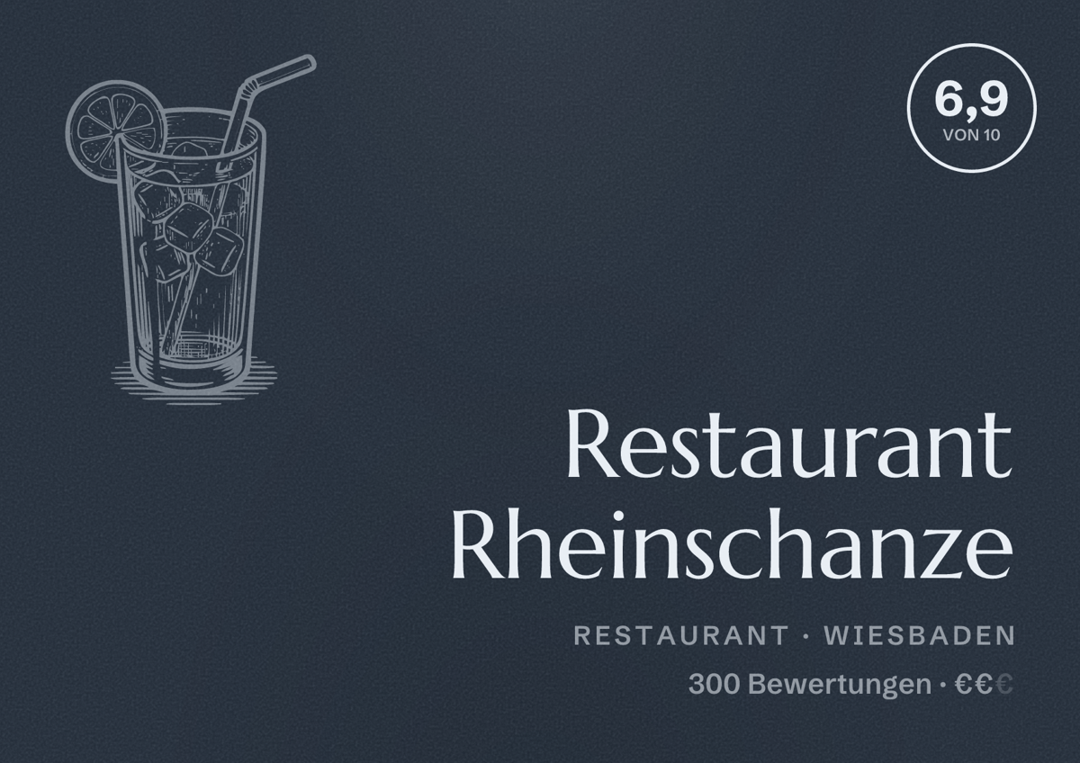 Illustriertes Poster von Restaurant Rheinschanze, Restaurant in Wiesbaden: Bewertung 6,9 von 10 aus 300 Bewertungen, Preisniveau €€