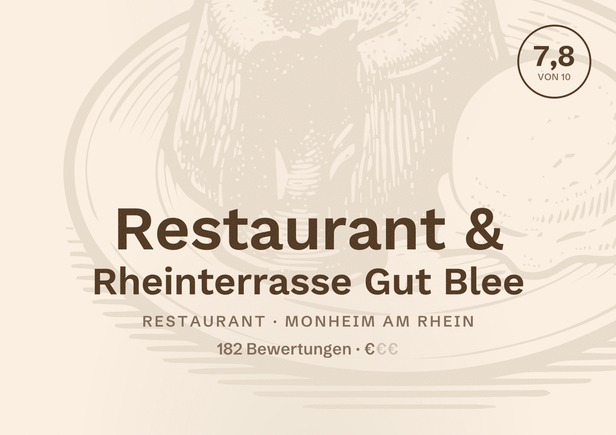 Illustriertes Poster von Restaurant & Rheinterrasse Gut Blee, Restaurant in Monheim am Rhein: Bewertung 7,8 von 10 aus 182 Bewertungen, Preisniveau €