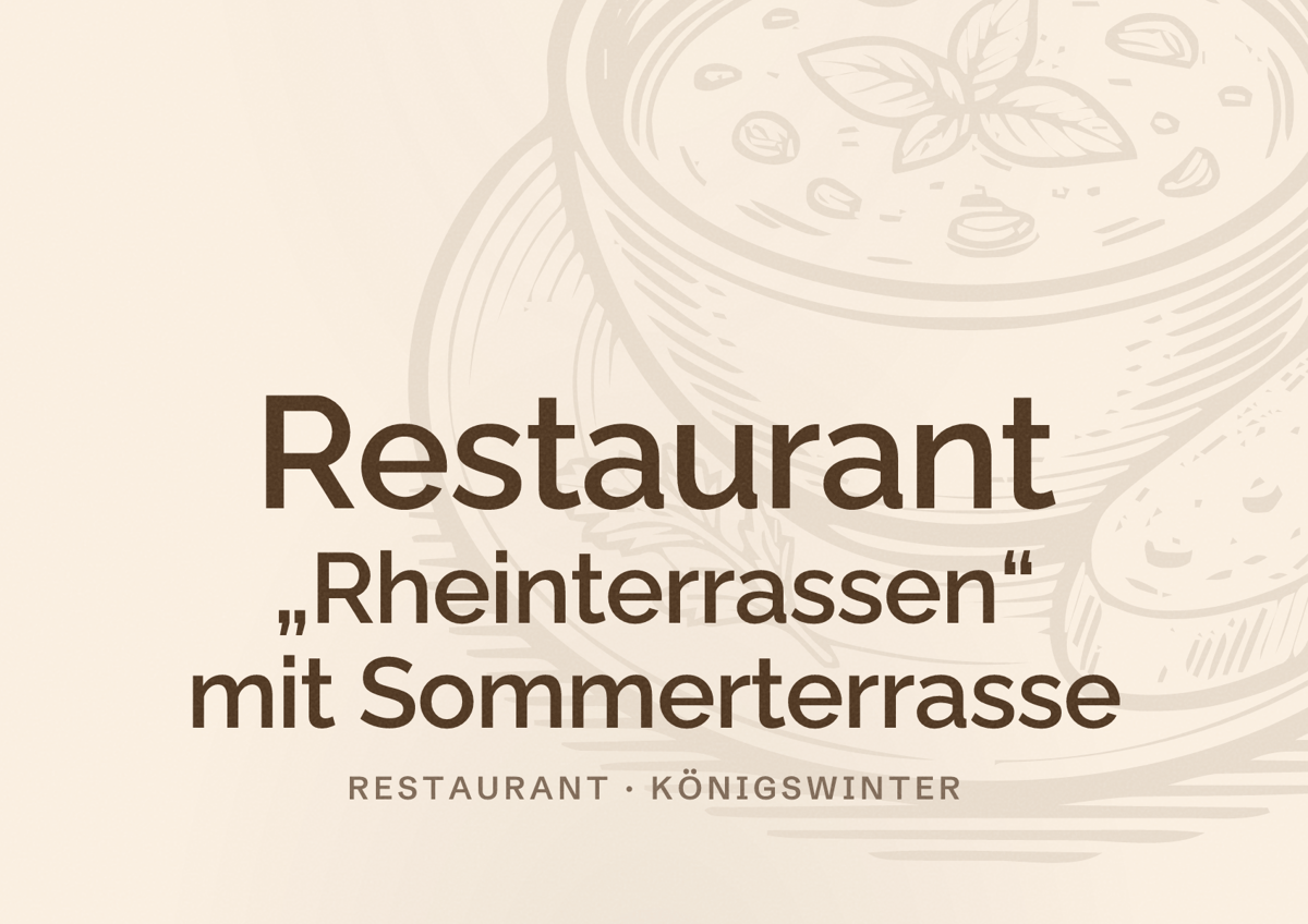 Illustriertes Poster von Restaurant „Rheinterrassen“ mit Sommerterrasse, Restaurant in Königswinter