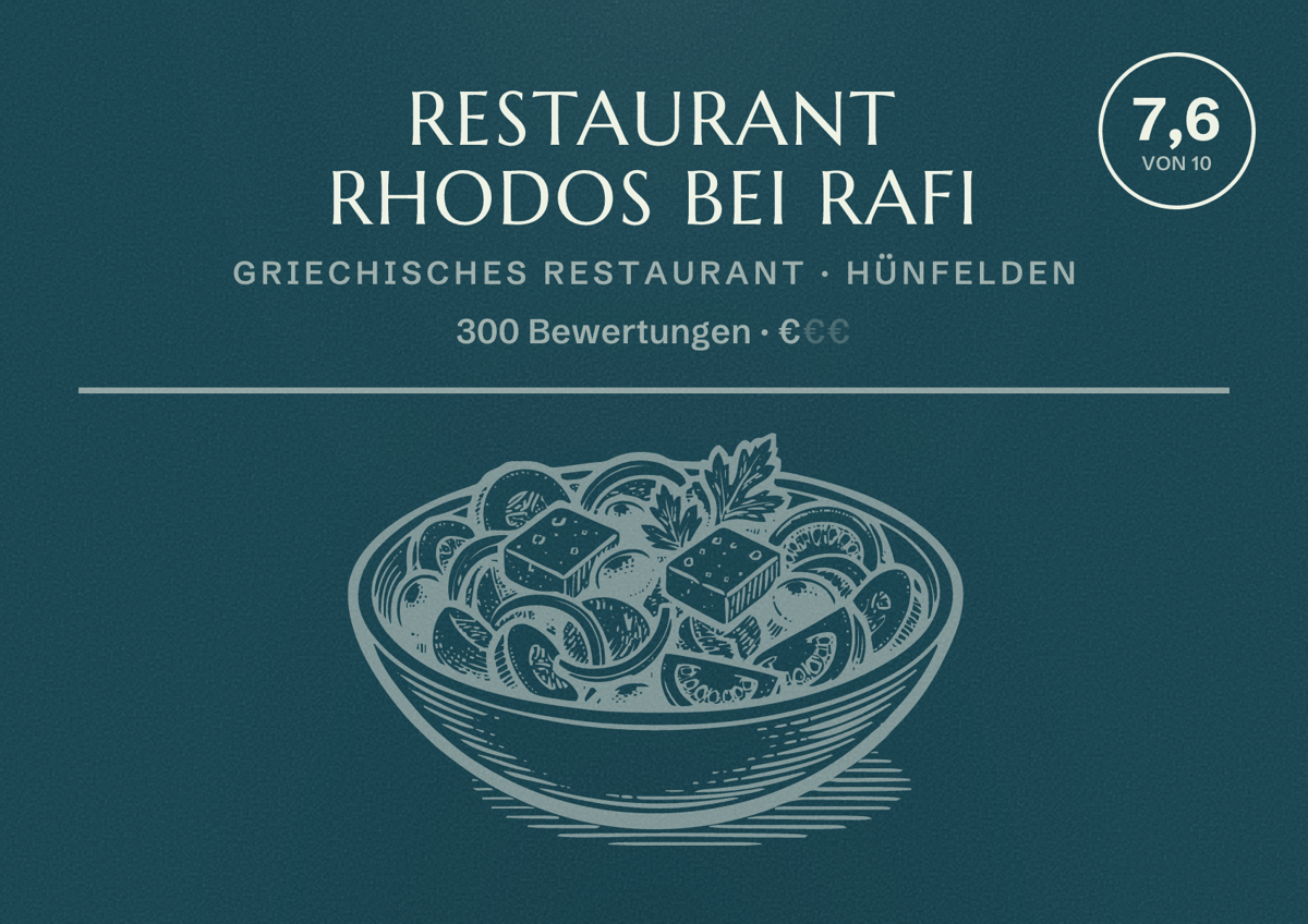 Illustriertes Poster von Restaurant Rhodos bei Rafi, Griechisches Restaurant in Hünfelden: Bewertung 7,6 von 10 aus 300 Bewertungen, Preisniveau €