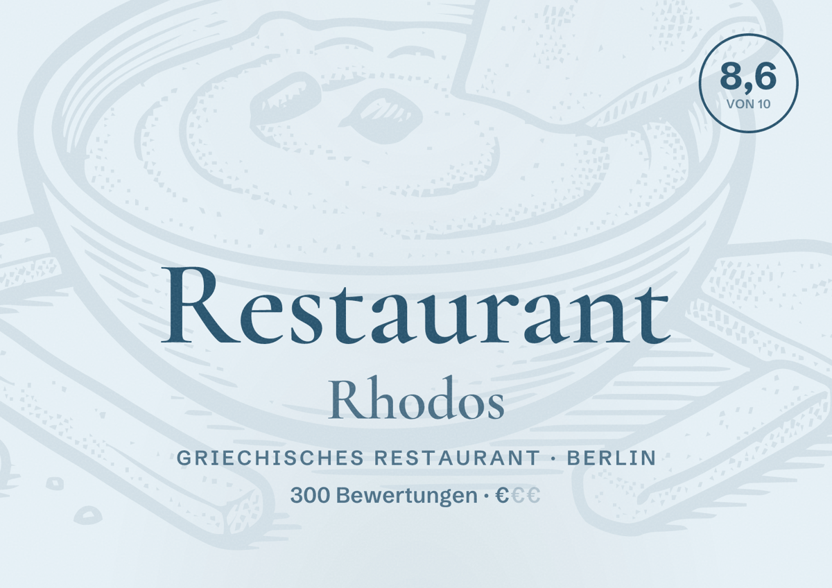 Illustriertes Poster von Restaurant Rhodos, Griechisches Restaurant in Berlin: Bewertung 8,6 von 10 aus 300 Bewertungen, Preisniveau €
