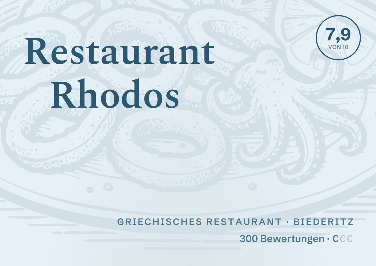 Illustriertes Poster von Restaurant Rhodos, Griechisches Restaurant in Biederitz: Bewertung 7,9 von 10 aus 300 Bewertungen, Preisniveau €