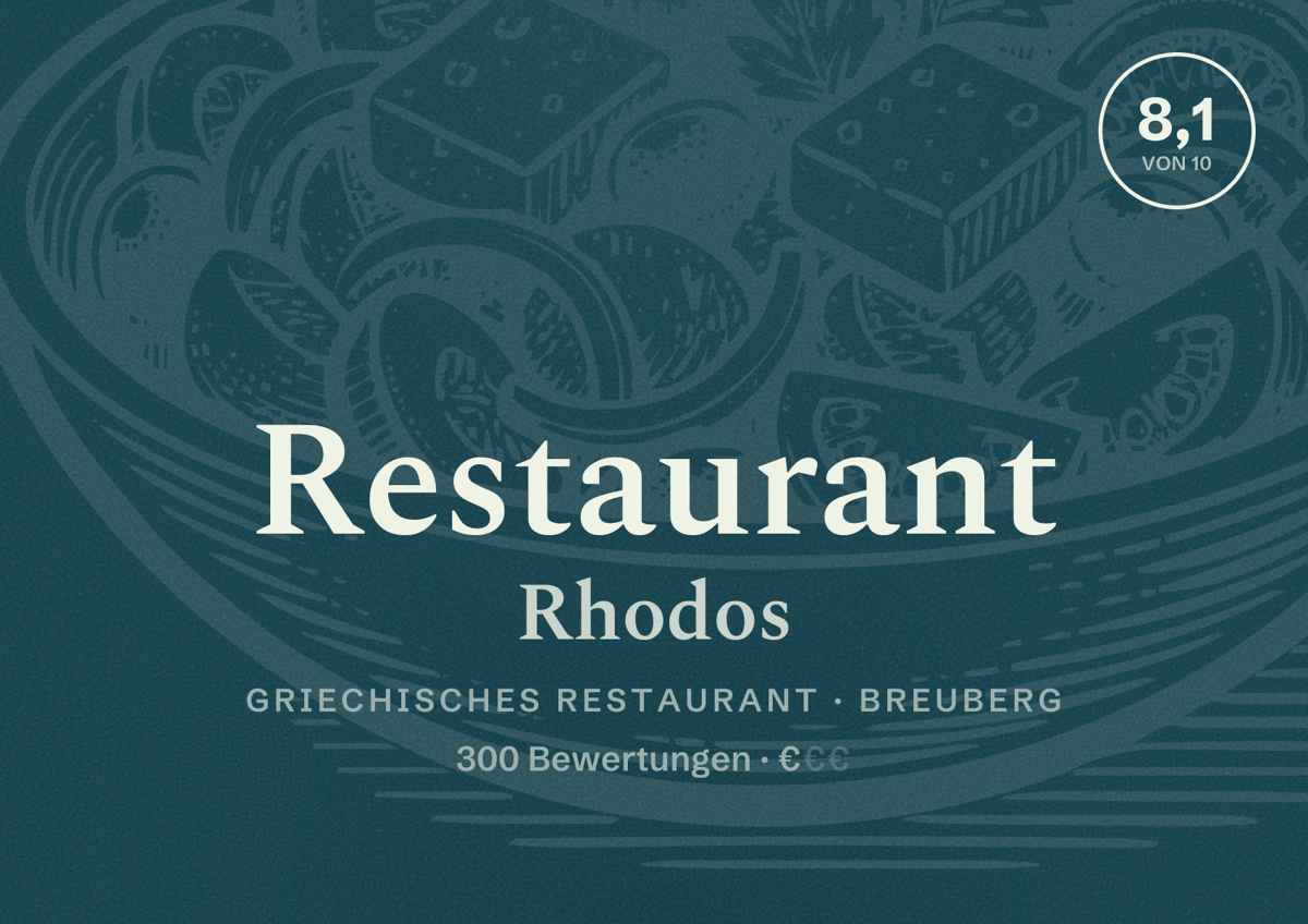 Illustriertes Poster von Restaurant Rhodos, Griechisches Restaurant in Breuberg: Bewertung 8,1 von 10 aus 300 Bewertungen, Preisniveau €