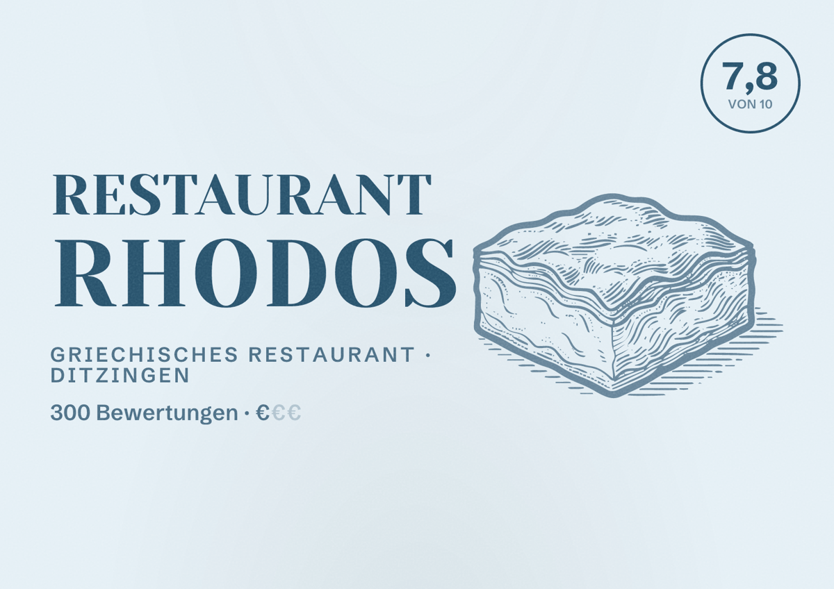 Illustriertes Poster von Restaurant Rhodos, Griechisches Restaurant in Ditzingen: Bewertung 7,8 von 10 aus 300 Bewertungen, Preisniveau €