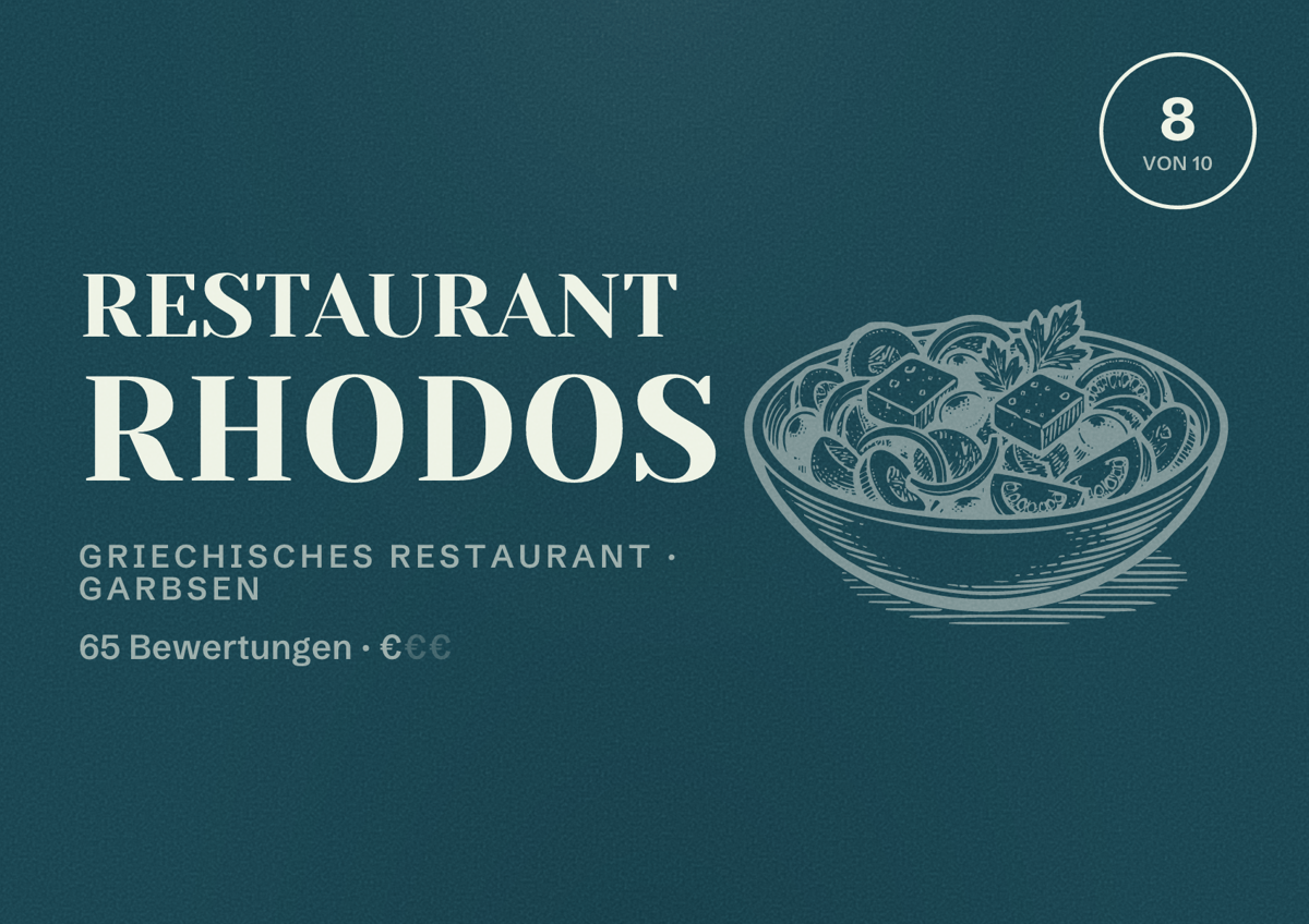 Illustriertes Poster von Restaurant Rhodos, Griechisches Restaurant in Garbsen: Bewertung 8 von 10 aus 65 Bewertungen, Preisniveau €