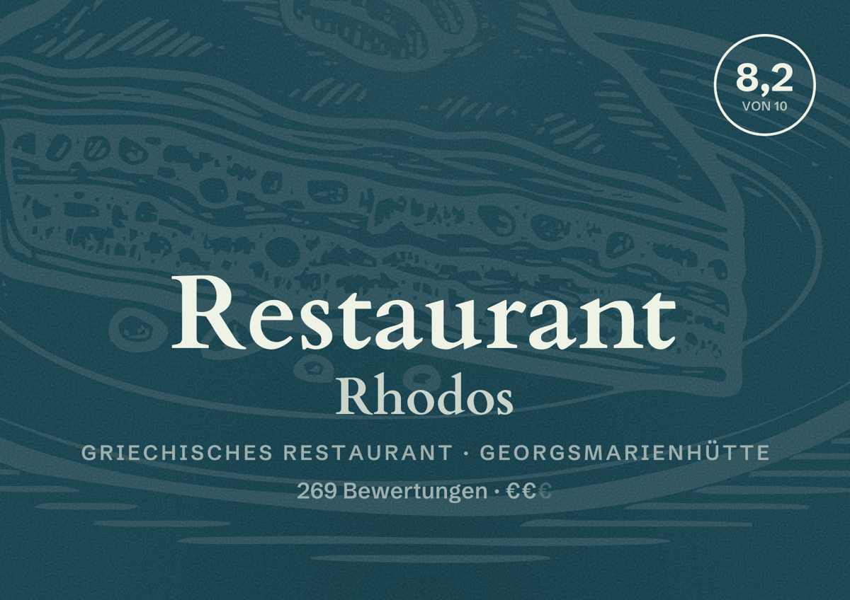 Illustriertes Poster von Restaurant Rhodos, Griechisches Restaurant in Georgsmarienhütte: Bewertung 8,2 von 10 aus 269 Bewertungen, Preisniveau €€