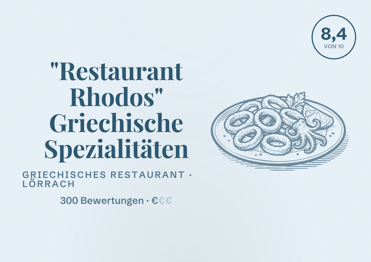 Illustriertes Poster von "Restaurant Rhodos" Griechische Spezialitäten, Griechisches Restaurant in Lörrach: Bewertung 8,4 von 10 aus 300 Bewertungen, Preisniveau €