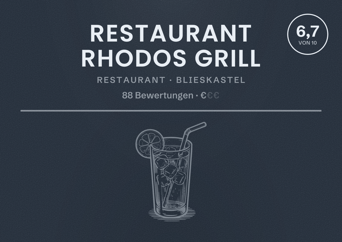 Illustriertes Poster von Restaurant Rhodos Grill, Restaurant in Blieskastel: Bewertung 6,7 von 10 aus 88 Bewertungen, Preisniveau €