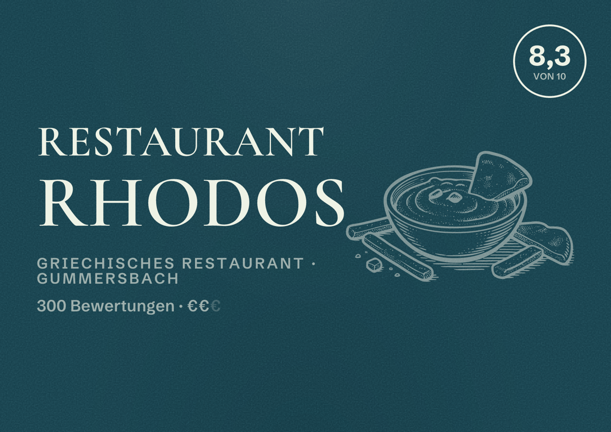 Illustriertes Poster von Restaurant Rhodos, Griechisches Restaurant in Gummersbach: Bewertung 8,3 von 10 aus 300 Bewertungen, Preisniveau €€
