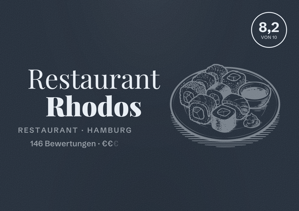 Illustriertes Poster von Restaurant Rhodos, Restaurant in Hamburg: Bewertung 8,2 von 10 aus 146 Bewertungen, Preisniveau €€