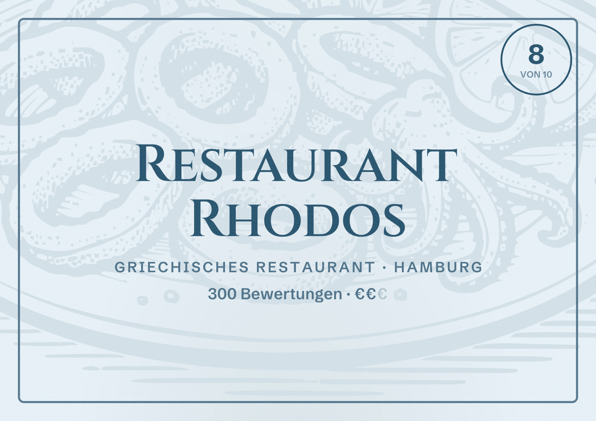 Illustriertes Poster von Restaurant Rhodos, Griechisches Restaurant in Hamburg: Bewertung 8,0 von 10 aus 300 Bewertungen, Preisniveau €€