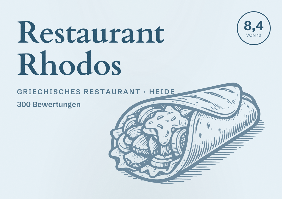 Illustriertes Poster von Restaurant Rhodos, Griechisches Restaurant in Heide: Bewertung 8,4 von 10 aus 300 Bewertungen