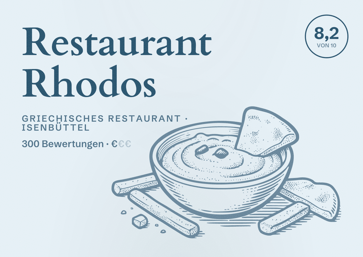 Illustriertes Poster von Restaurant Rhodos, Griechisches Restaurant in Isenbüttel: Bewertung 8,2 von 10 aus 300 Bewertungen, Preisniveau €