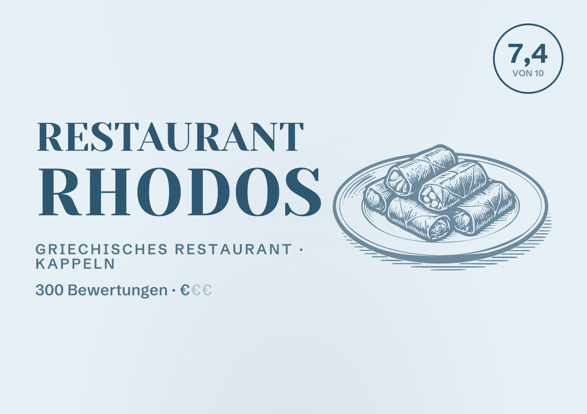 Illustriertes Poster von Restaurant Rhodos, Griechisches Restaurant in Kappeln: Bewertung 7,4 von 10 aus 300 Bewertungen, Preisniveau €