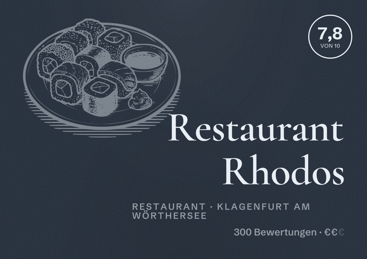Illustriertes Poster von Restaurant Rhodos, Restaurant in Klagenfurt am Wörthersee: Bewertung 7,8 von 10 aus 300 Bewertungen, Preisniveau €€