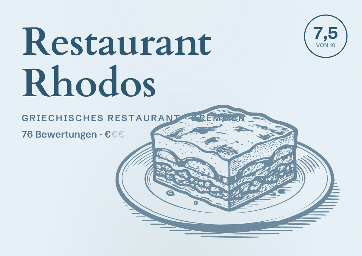 Illustriertes Poster von Restaurant Rhodos, Griechisches Restaurant in Kremmen: Bewertung 7,5 von 10 aus 76 Bewertungen, Preisniveau €