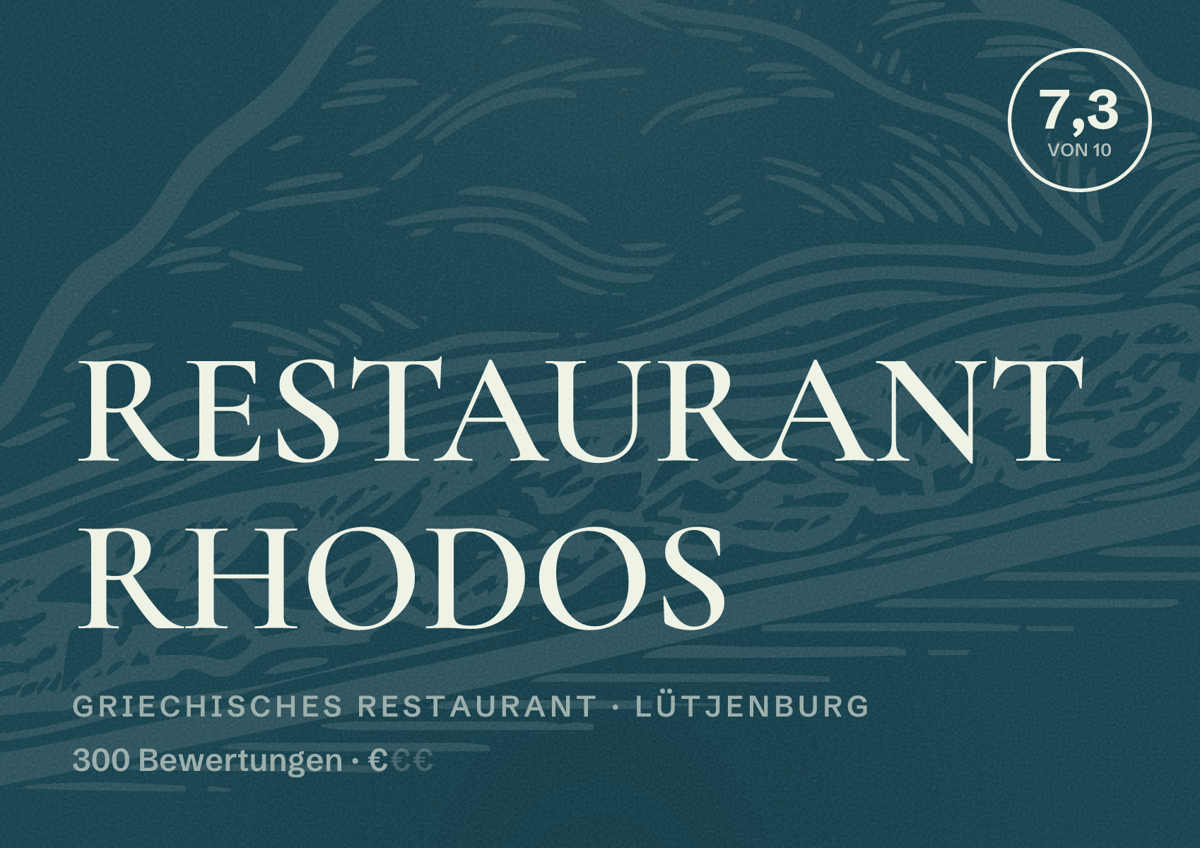 Illustriertes Poster von RESTAURANT RHODOS, Griechisches Restaurant in Lütjenburg: Bewertung 7,3 von 10 aus 300 Bewertungen, Preisniveau €