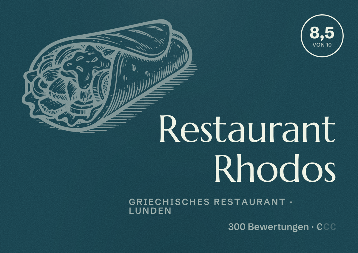 Illustriertes Poster von Restaurant Rhodos, Griechisches Restaurant in Lunden: Bewertung 8,5 von 10 aus 300 Bewertungen, Preisniveau €