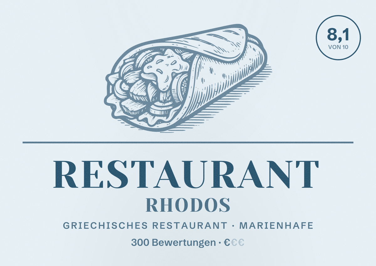 Illustriertes Poster von Restaurant Rhodos, Griechisches Restaurant in Marienhafe: Bewertung 8,1 von 10 aus 300 Bewertungen, Preisniveau €