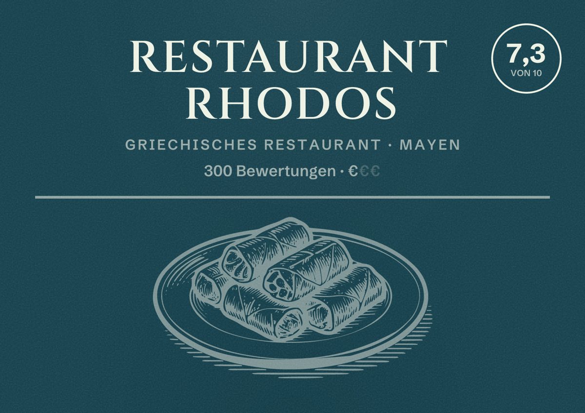 Illustriertes Poster von Restaurant Rhodos, Griechisches Restaurant in Mayen: Bewertung 7,3 von 10 aus 300 Bewertungen, Preisniveau €