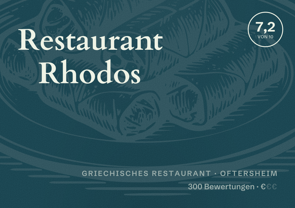 Illustriertes Poster von Restaurant Rhodos, Griechisches Restaurant in Oftersheim: Bewertung 7,2 von 10 aus 300 Bewertungen, Preisniveau €