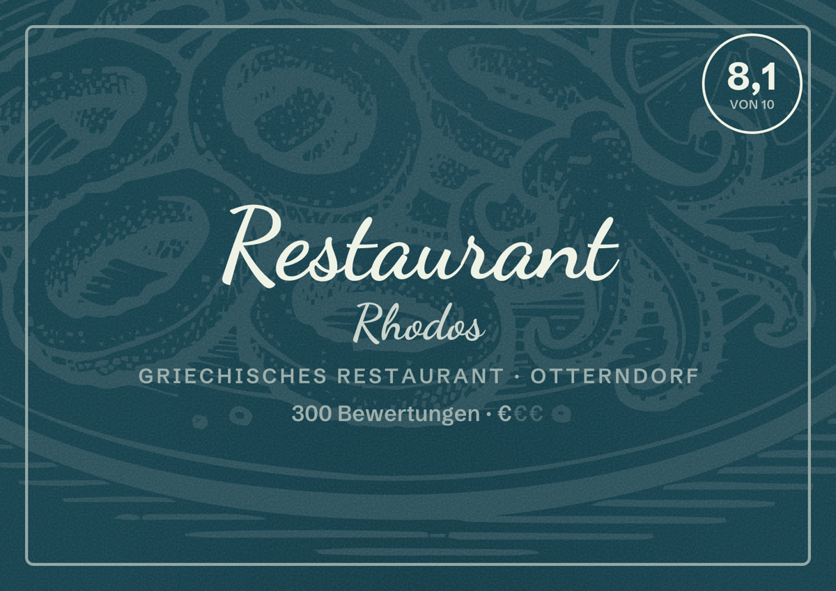 Illustriertes Poster von Restaurant Rhodos, Griechisches Restaurant in Otterndorf: Bewertung 8,1 von 10 aus 300 Bewertungen, Preisniveau €