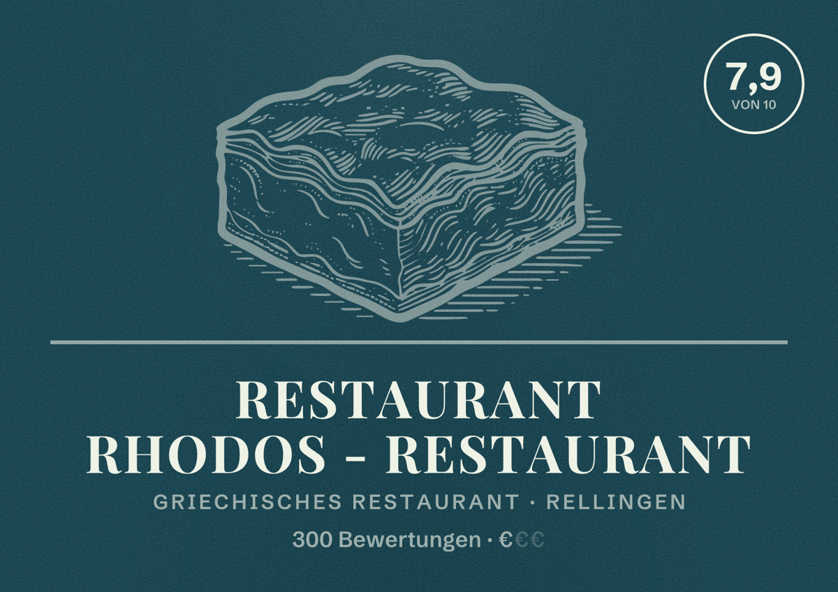 Illustriertes Poster von Restaurant Rhodos - Restaurant, Griechisches Restaurant in Rellingen: Bewertung 7,9 von 10 aus 300 Bewertungen, Preisniveau €