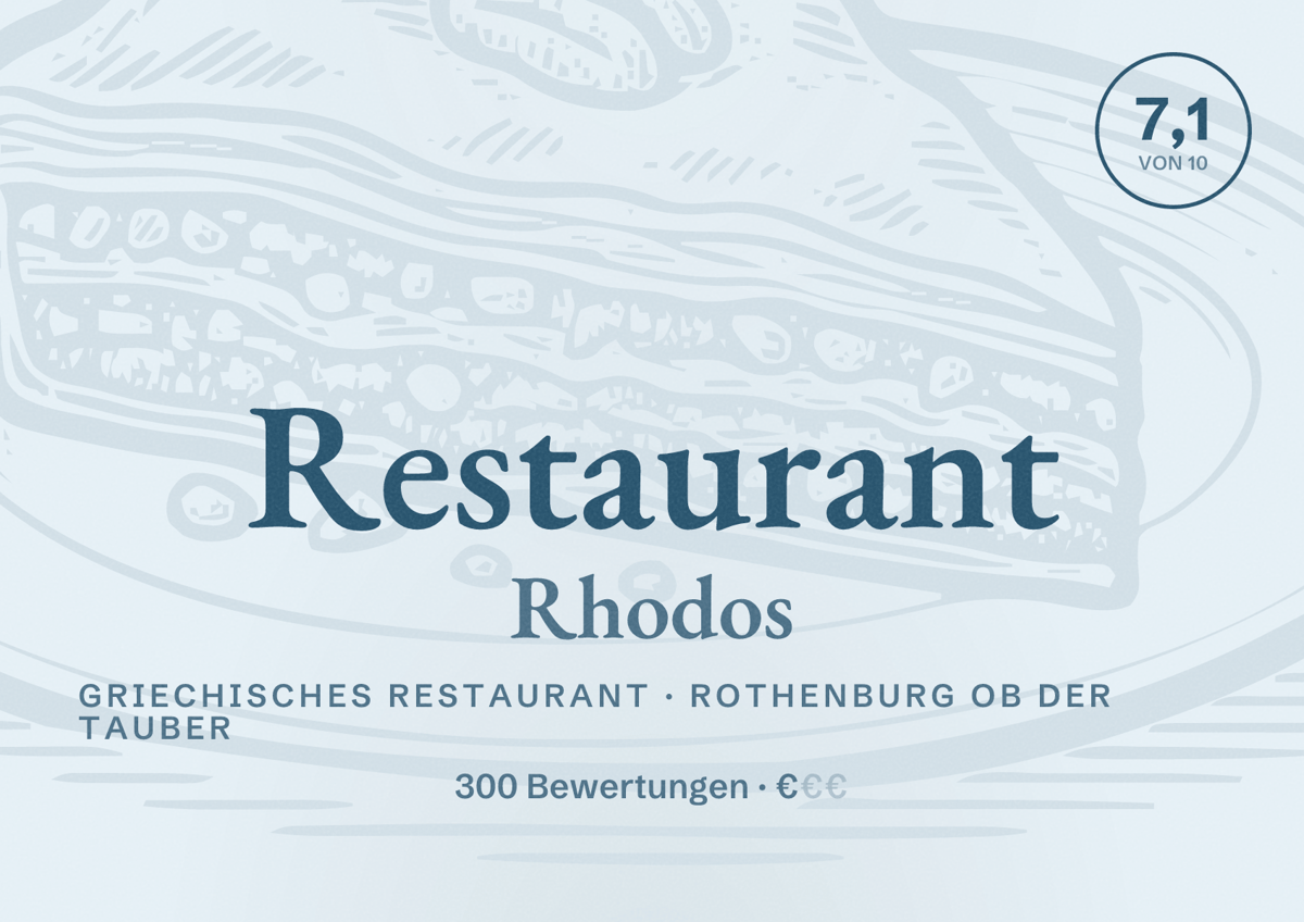 Illustriertes Poster von Restaurant Rhodos, Griechisches Restaurant in Rothenburg ob der Tauber: Bewertung 7,1 von 10 aus 300 Bewertungen, Preisniveau €