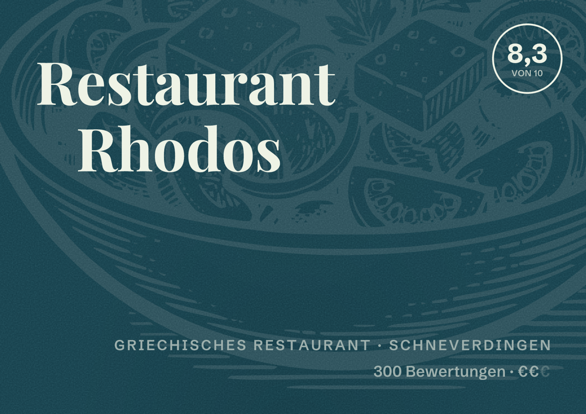Illustriertes Poster von Restaurant Rhodos, Griechisches Restaurant in Schneverdingen: Bewertung 8,3 von 10 aus 300 Bewertungen, Preisniveau €€